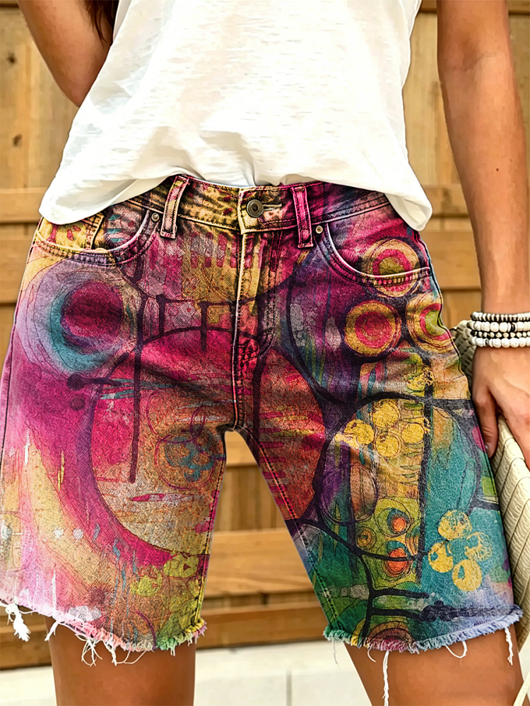 Women's Retro Colorful Art Print Casual Washed Cotton Denim Shorts