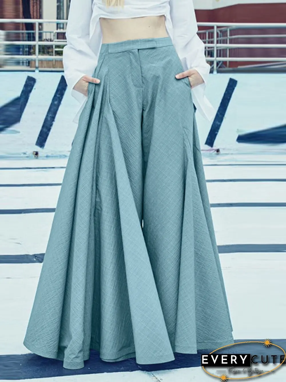 Solid Wide Leg Pocket Zip Front Loose Casual Pants