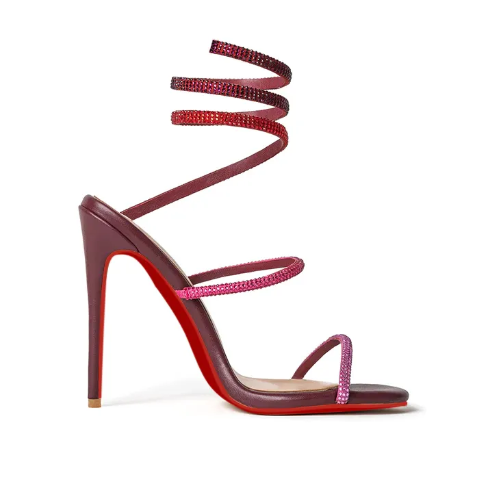 120mm Women's Spiral Strappy Red Bottom Sandals Rhinestone Heels Pull-on Sexy Stilettos VOCOSI VOCOSI