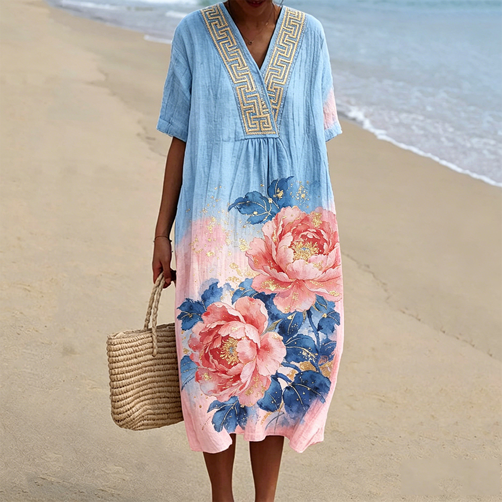 Elegant Floral Art Pattern V Neck Flowy Linen Maxi Dress elevenforest