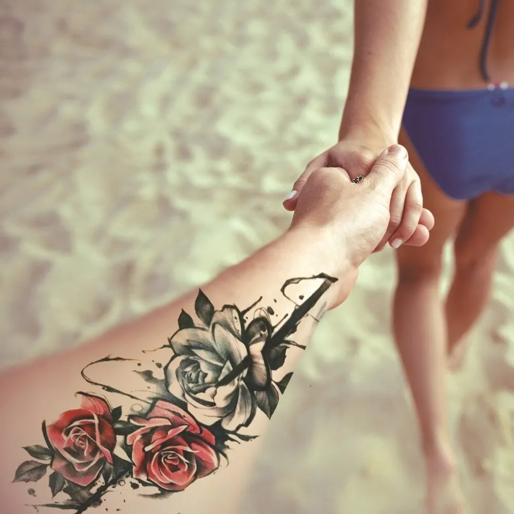 Sdrawing Temporary Tattoo Sticker Flash Tattoos Skull Snake Wolf Blue Pink Rose Flowers Body Art Arm Fake Sleeve Tatoo Women