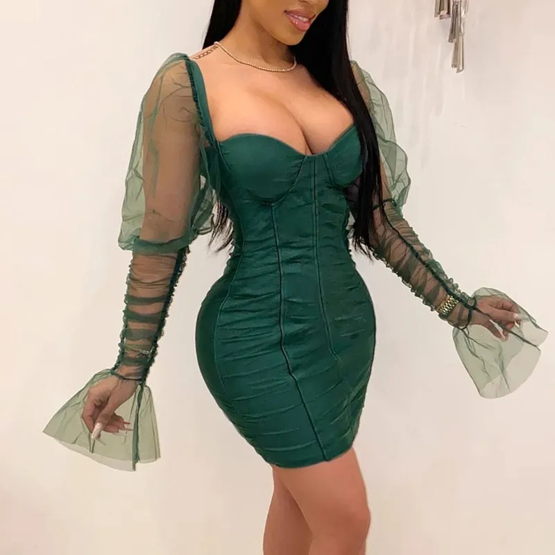 Articat Sexy Mesh Puff Sleeve Party Dress Women Low Collar Backless Patchwork Red Mini Dress Nightclub 2020 Spring Vestidos