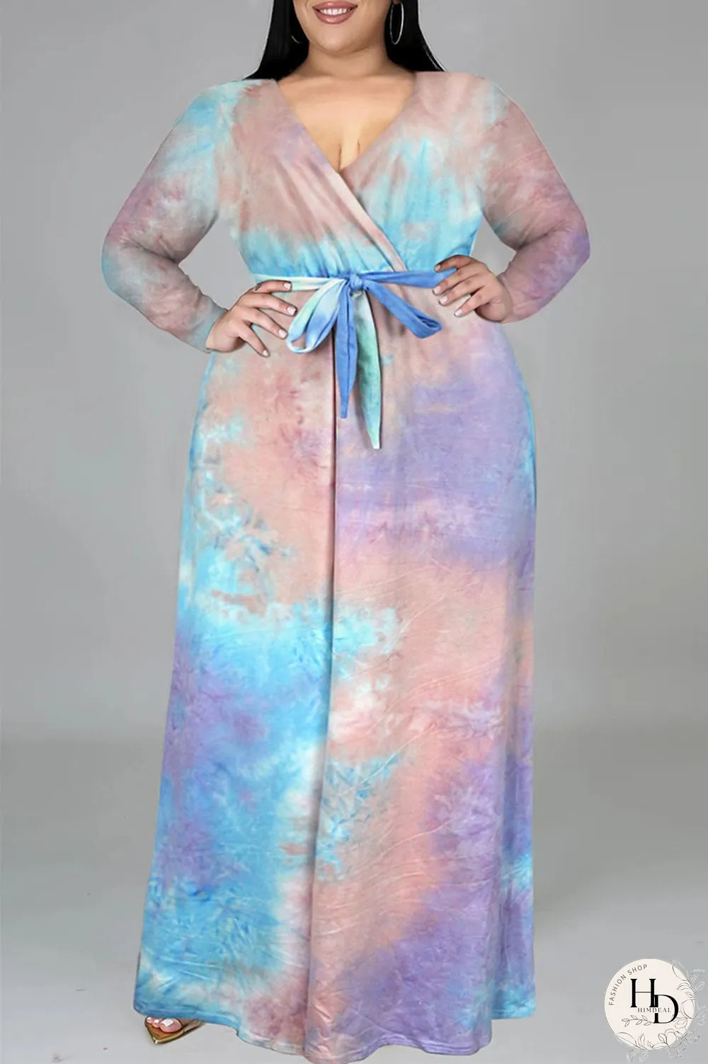 Colour Fashion Casual Print Tie-dye V Neck Long Sleeve Plus Size Dress