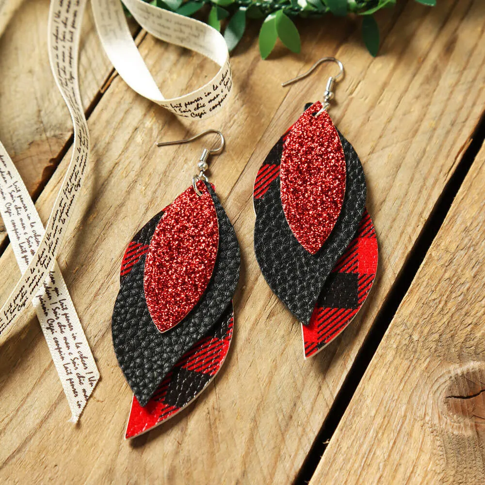 Plaid Sequined Leaf Multi-Layered Leather Earrings