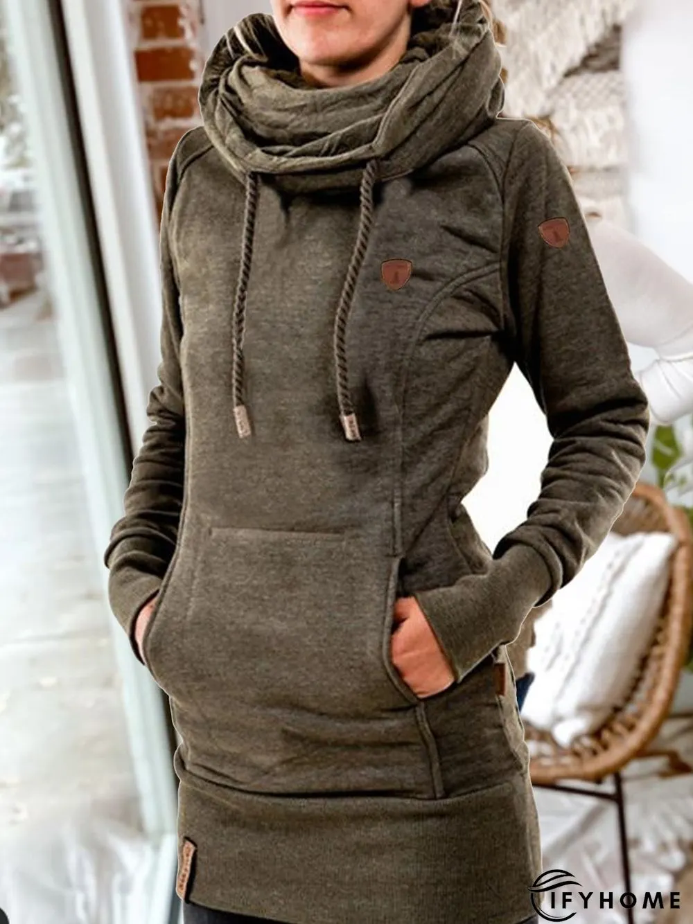 Army Green Plain Cotton Casual Long Sleeve Tunic Top | IFYHOME