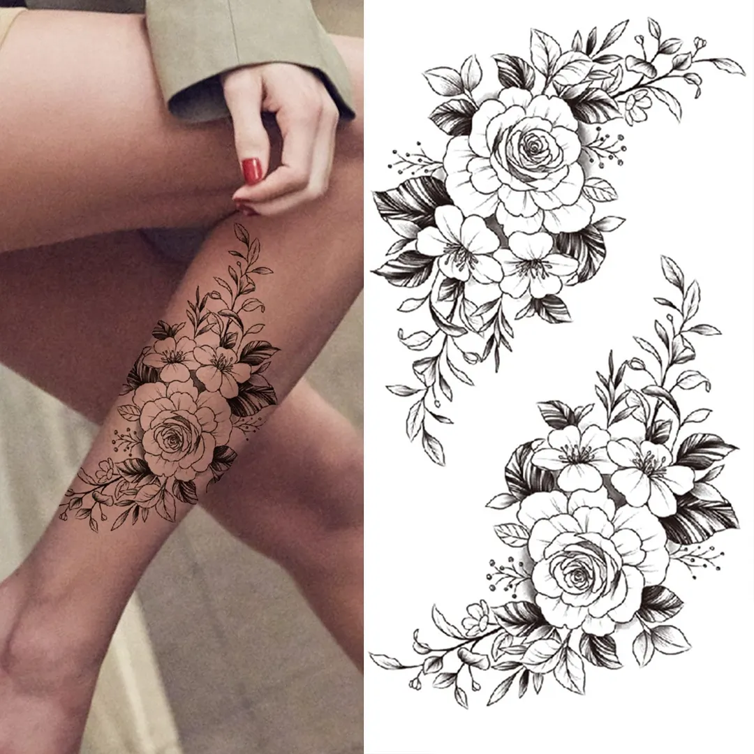 Realistic Fake Peony Temporary Tattoos For Women Girl Black Rose Elephant Flower Tattoo Sticker Tiger Anemone Tatoos Half Sleeve 1118 712-1