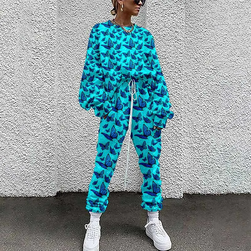 Women Tracksuit Two Piece Pullovers Cloting Long Sleeve Tie-dye Print Female Tops And Elastic Waist Pants Slim Casual Streetwear