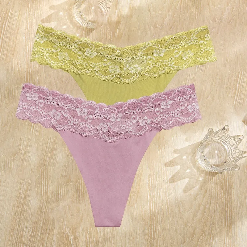 FINETOO 2PCS/Set Gstring Seamless Women Lace Pantys Girls Thongs S-L Fashion Sexy Underwear For Woman Lingerie Floral Panties