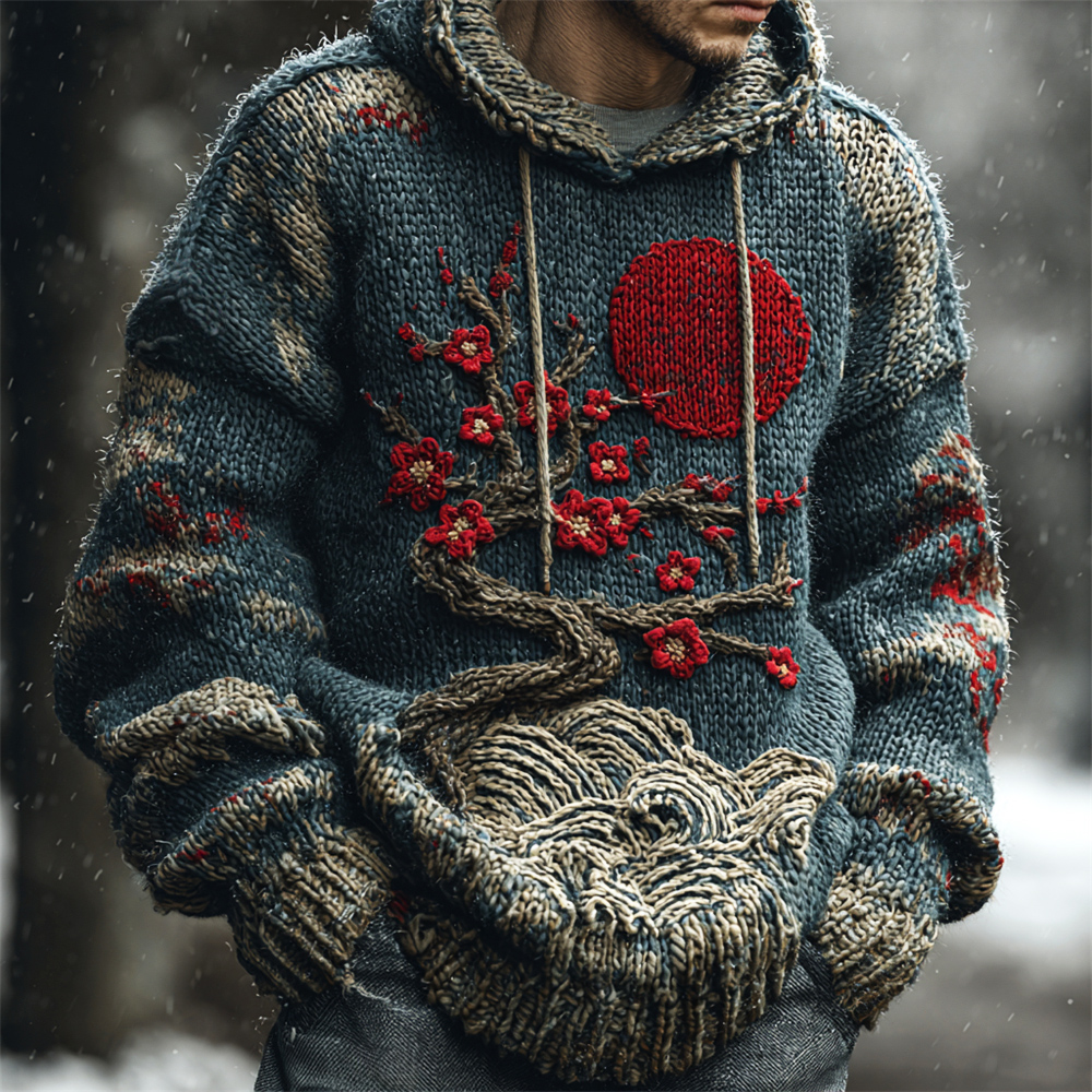 Vintage Japanese Floral & Red Sun Men's Knit Hooded Sweater