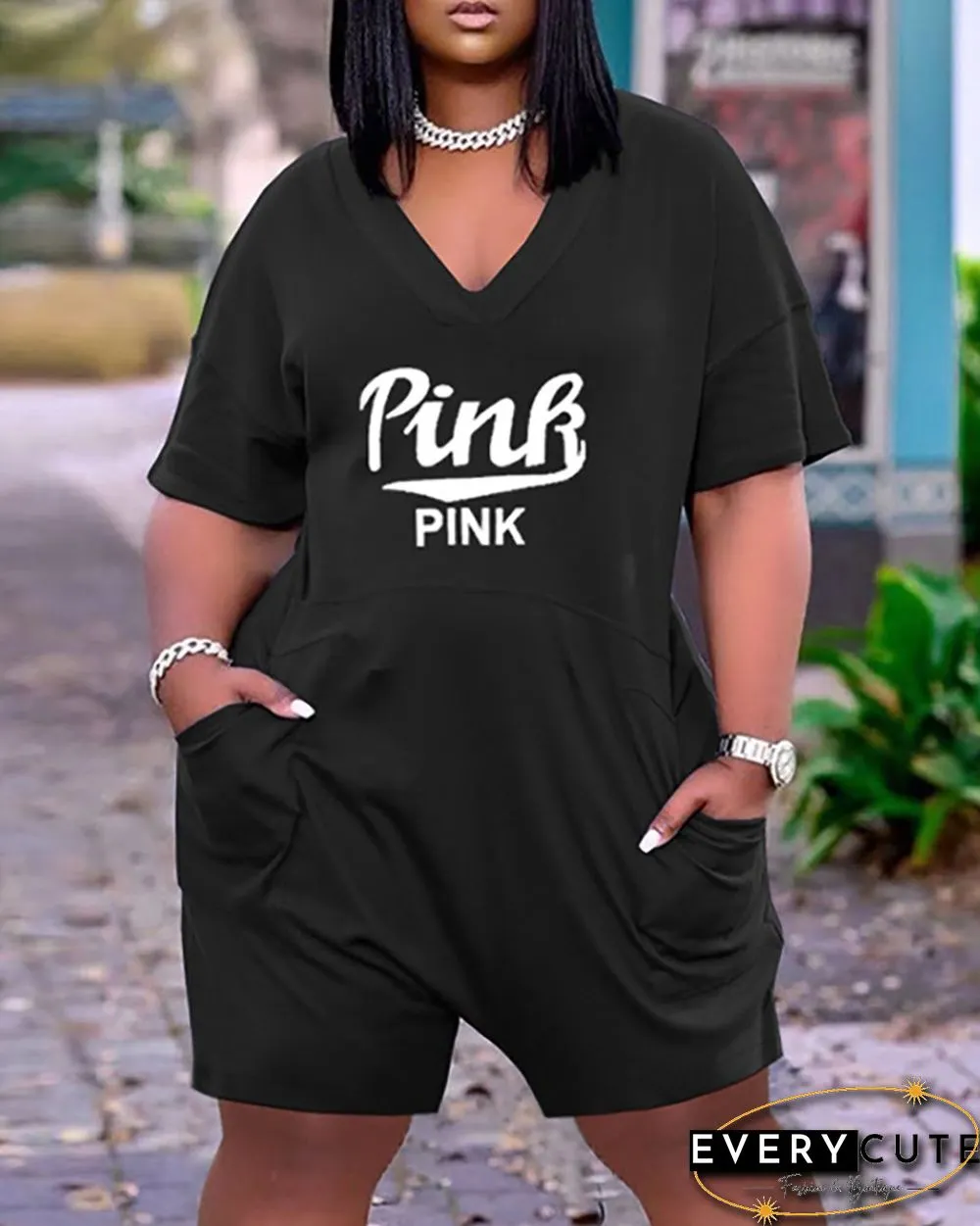 Pocket Design Letter Print Short Sleeve Romper