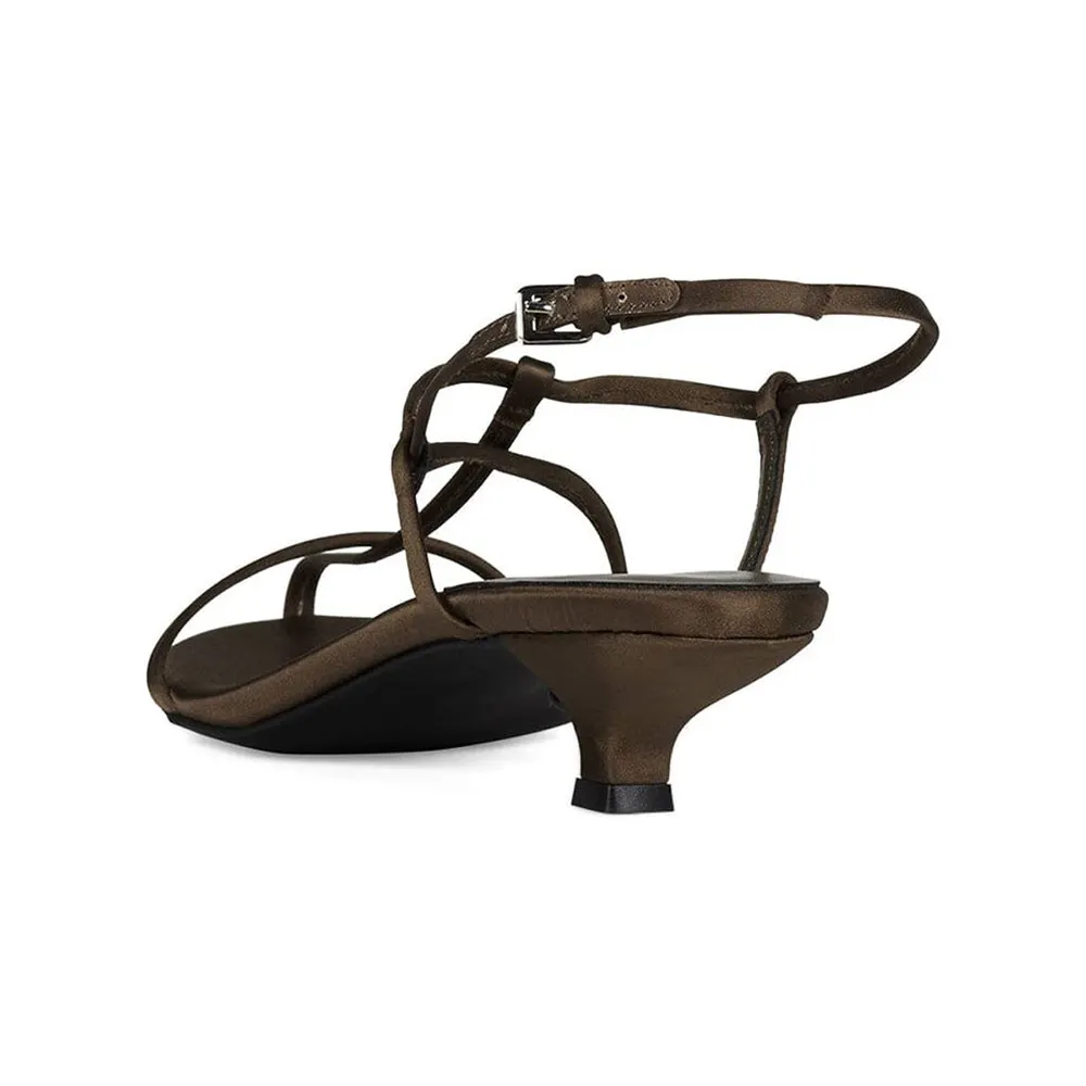 Simple Brown Open Round Toe Strappy Kitten Heel Dress Sandals
