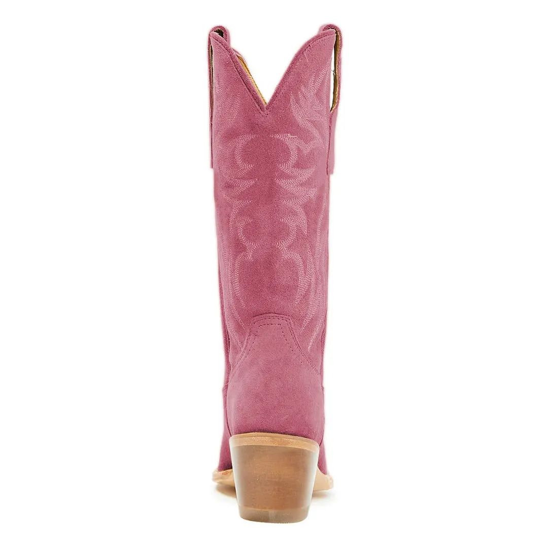 Pink Embroidered Pointed Toe Mid Calf Cowboy Boots for Women