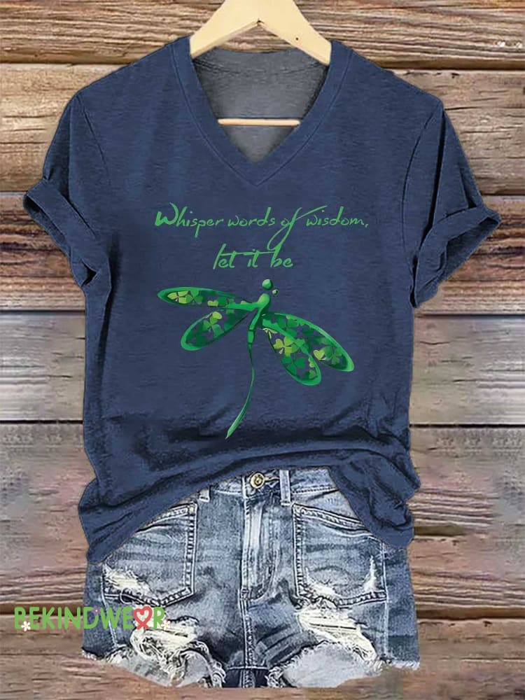 Women&rsquo;s Whisper Words of Wisdem Let It Be Dragonfly V-neck Casual T-Shirt Blue / S