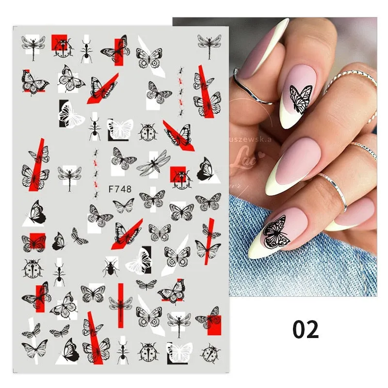 Maple Leaves 3D Nail Sticker Gold Black iridescent Leaf Tree Geometrics Lines Adhesive Transfer Sticker DIY Nail Decoration