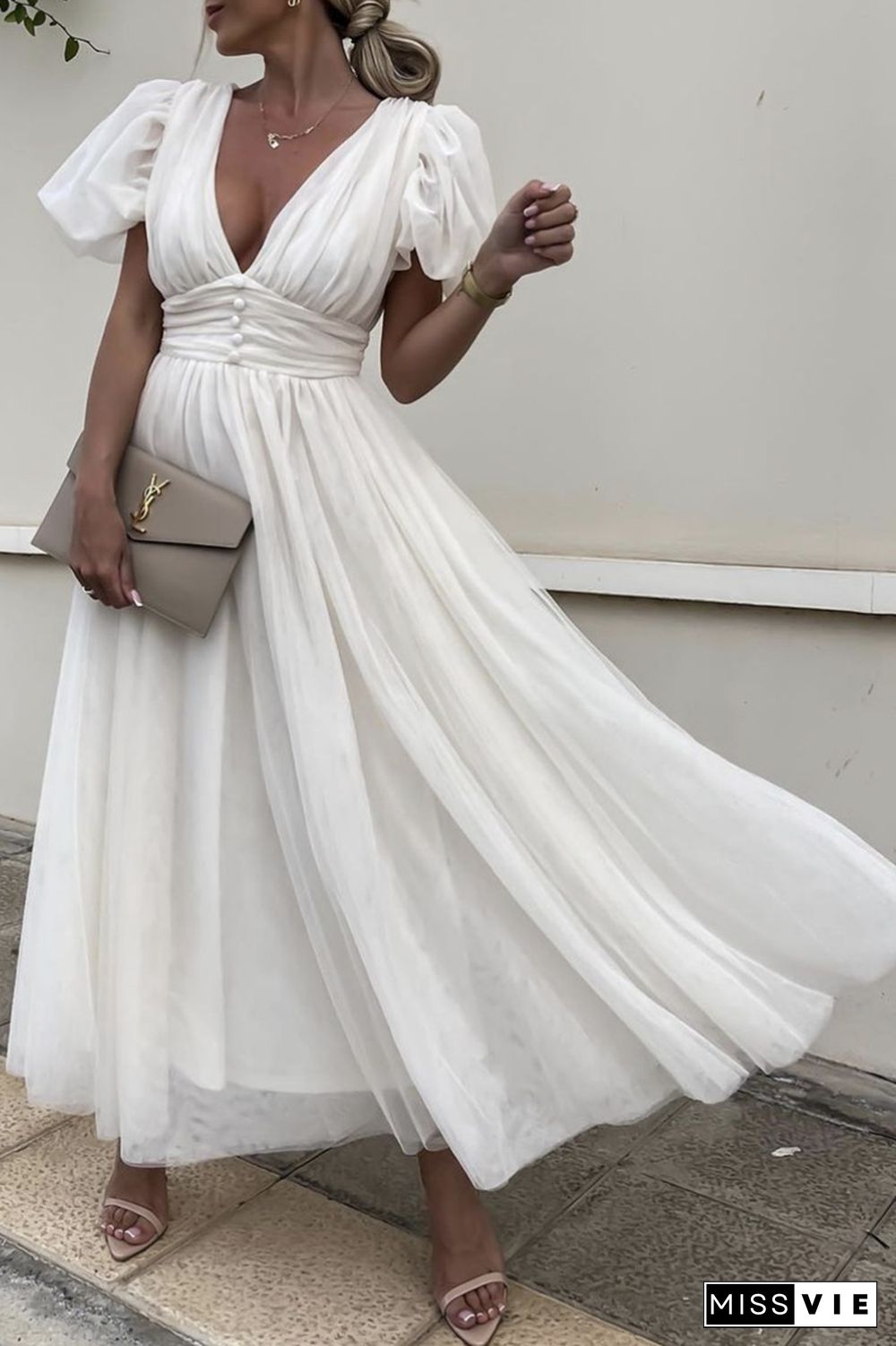 Dot V Neck Button Empire Waist Mesh Maxi Dress