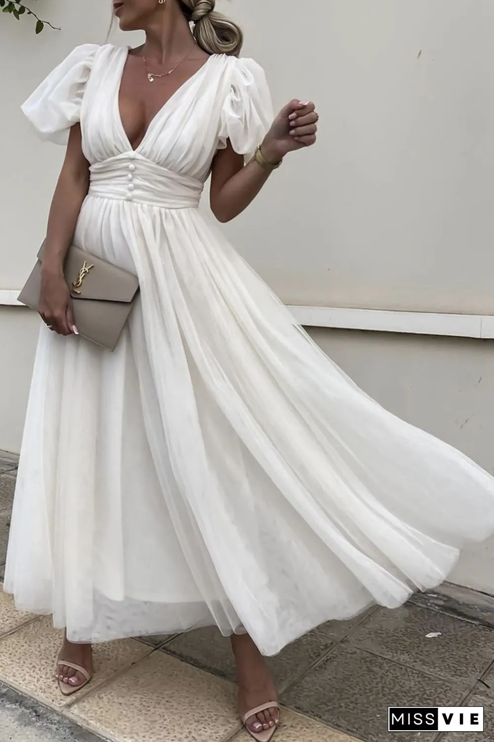 Dot V Neck Button Empire Waist Mesh Maxi Dress