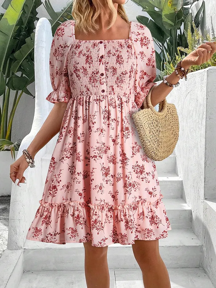 Athvotar Athvotar Women's Summer New New Ocean Bubble Bubble Sleeves Crush Flower Dresses Women's Dress