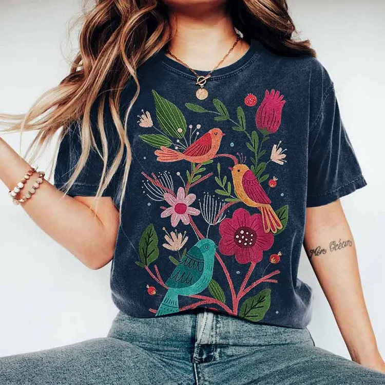 Flower And Bird Embroidery Round Neck Short Sleeve T-shirt