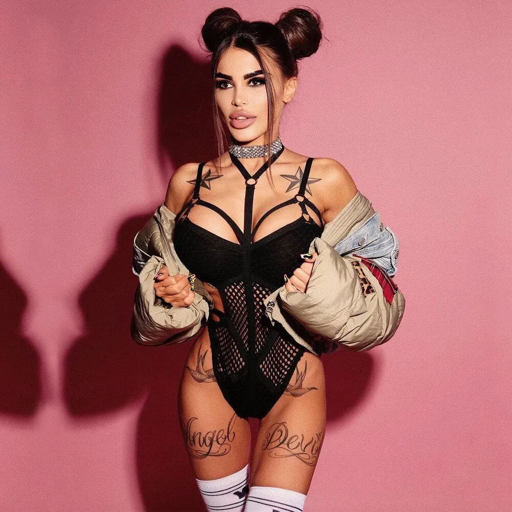 MIRABELLE Bodysuit Women Mesh Bodys Lace Exotic Costumes Halter Erotic Lingerie See Through Sexy Hollow Out Porno Overalls