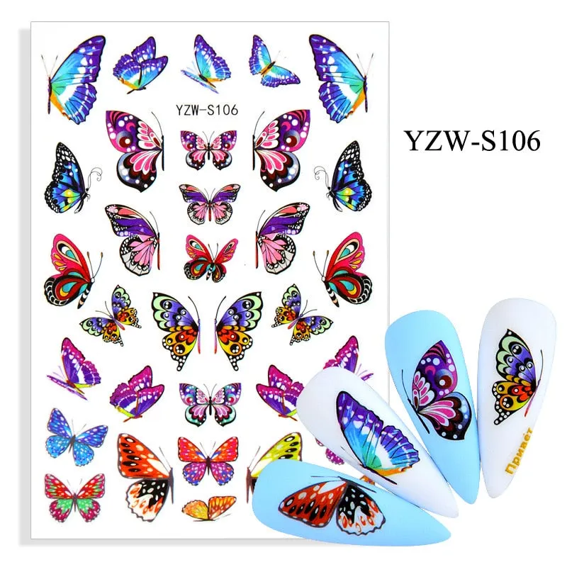 1pc Holographic Blue Nail Stickers Pink Colorful Butterfly Art Sticker With Adhesive DIY Extension Flowers Rose Nail Decoration-Nail Inspo