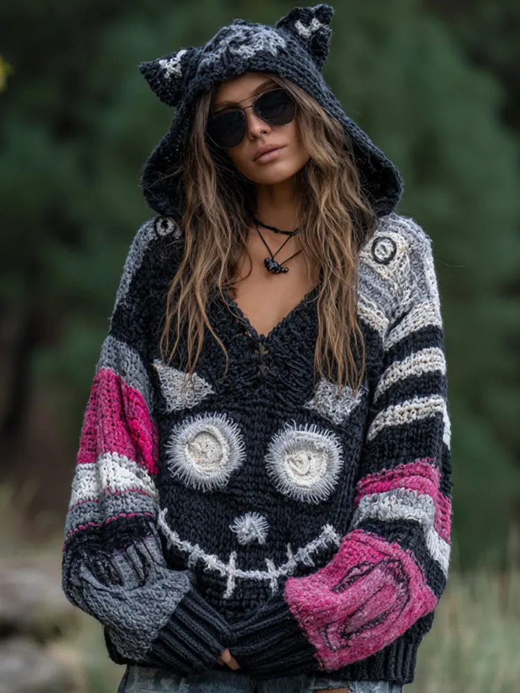 Women's Vintage Halloween Black Cat Knit Hoodie Sweater