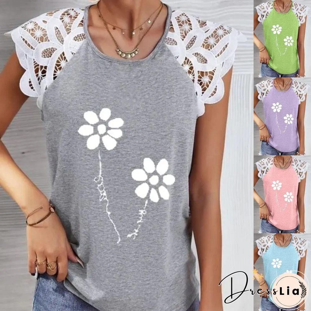 Lace Hollow Sleeve Printed T-Shirt