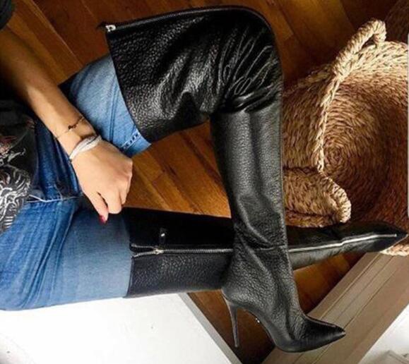 GOOSHOE Black Litchi Zipper Front Woman Pointed Toe Stiletto Heels Over The Knee Boots Thigh Long Boots Lady Big Size Shoes