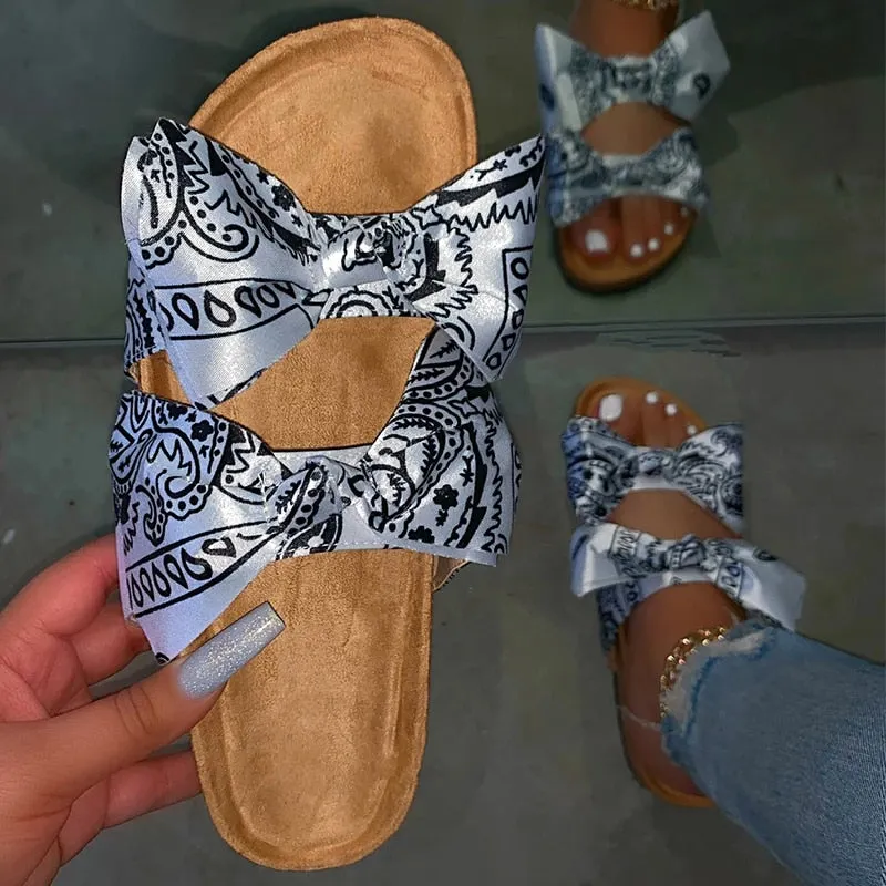 New Summer Women Sandals Silk Bow Flat Shoes Ladies Beach Shoes Slipper Outdoor Fashion Student Home Casual Slippers 35-43