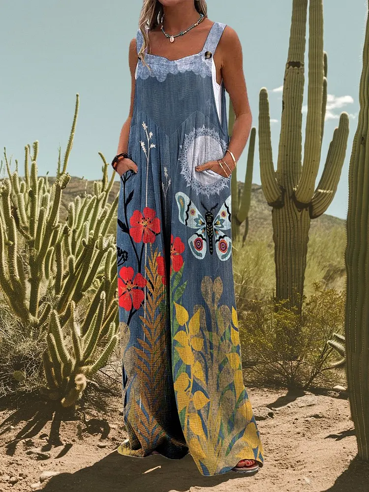 Women's Vintage Butterfly Flower Print Casual Strap Wide Leg Pants