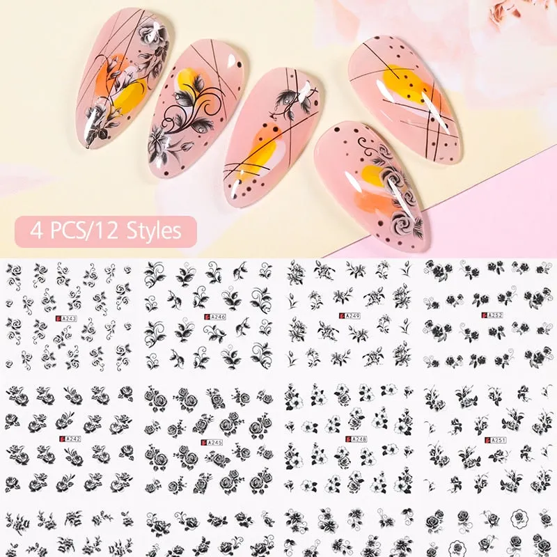 12Styles Harunouta Spring Summer Alphabet Flower Leaves Nail Water Decals Popular Geometric Lines Transfer Stickers Decoration