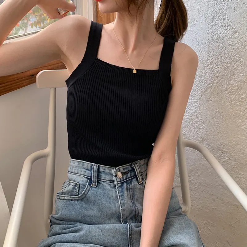 Camis Women Summer Knit Camisoles Tanks Top Korean Style Sexy Slim Womens Elegant Trendy Solid Khaki Sweet 6-colors Chic Ulzzang