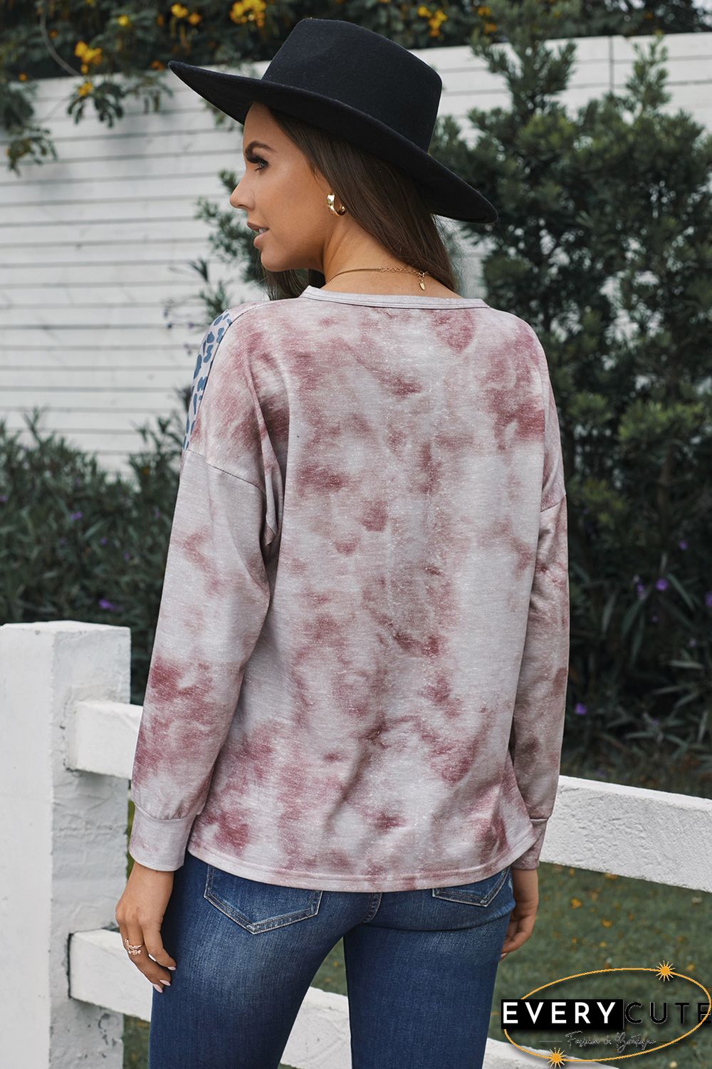 Leopard Sequin Splicing Khaki Tie Dye Long Sleeve Top