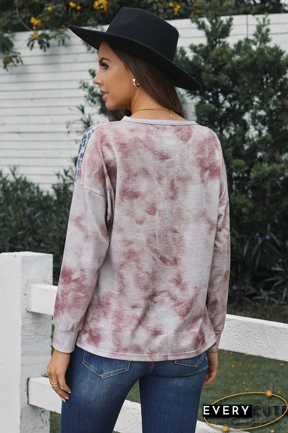 Leopard Sequin Splicing Khaki Tie Dye Long Sleeve Top