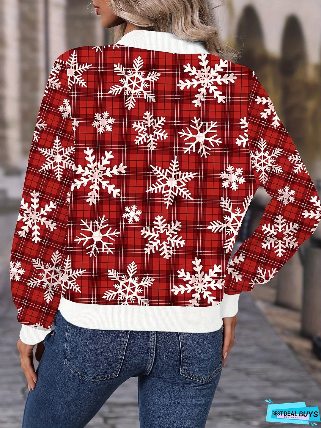 Chic Christmas Red Plaid & Snowflake Zip-Up Jacket - Casual Long Sleeve Outerwear for Women, Perfect for Spring & Fall