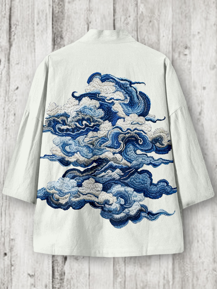 Men's Japanese Cloud Embroidered Linen Blend Kimono Cardigan  artssus