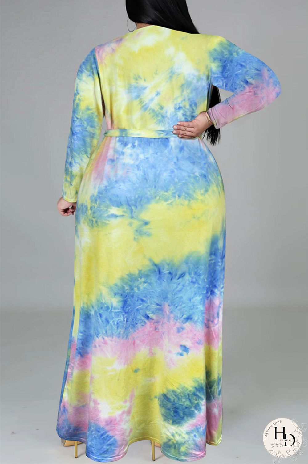 Colour Fashion Casual Print Tie-dye V Neck Long Sleeve Plus Size Dress
