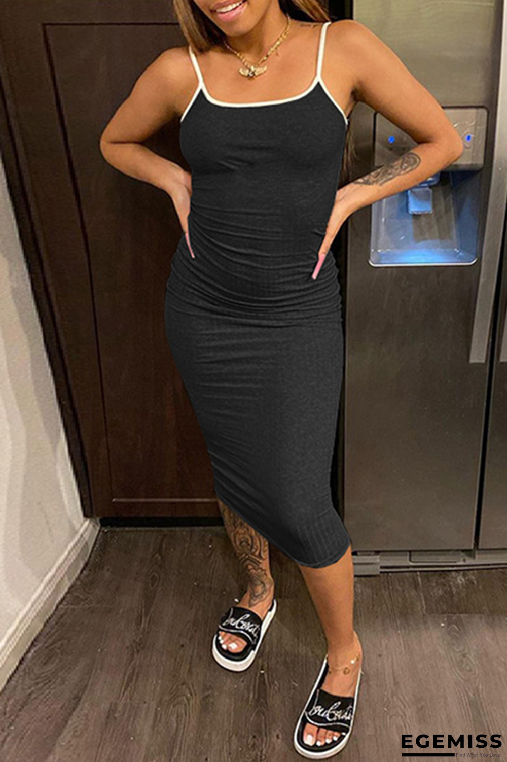 Black Casual Solid Patchwork Spaghetti Strap Pencil Skirt Dresses | EGEMISS