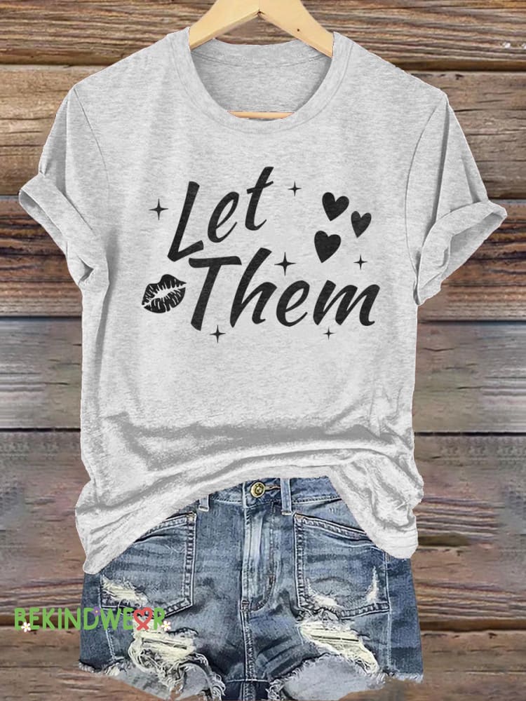Let Them Lips Print Casual Crew Neck Short Sleeve T-Shirt White / S