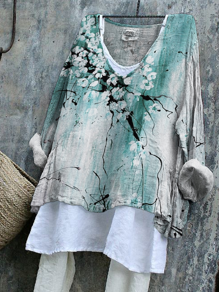 Vintage Ink Flower Print Linen V-Neck Blend Tunic