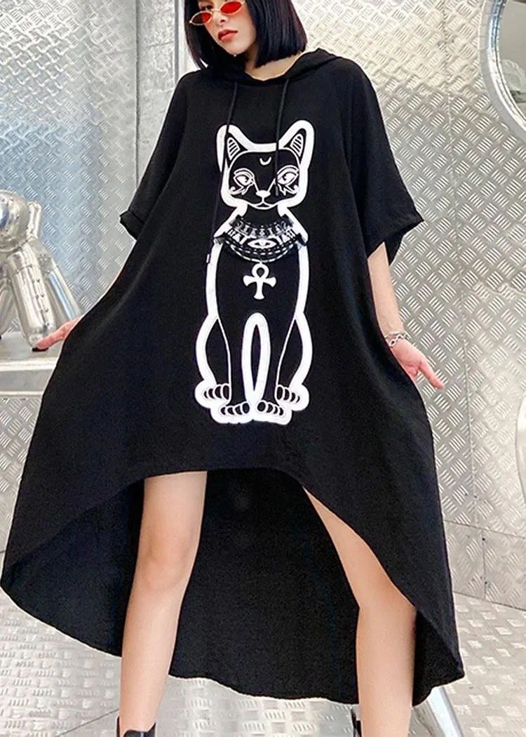 Diy Black Print Low High Design Hooded Ankle Dress Summer