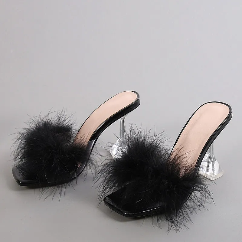 Summer Woman Pumps Transparent Perspex High Heels Fashion Color Feather Fur Peep Toe Mules Slippers Ladies Slides Shoes Sandals