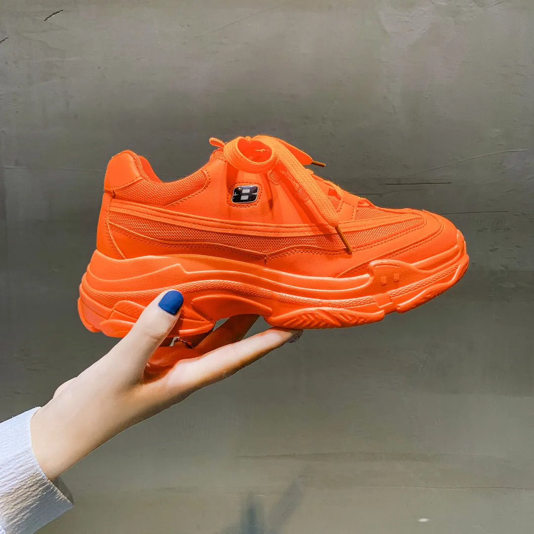 Soft Casual Thick Sneaker Platform Summer Breathable Mesh Women's Shoes Flat Casual Yellow Sports Shoes Female Orange 2020