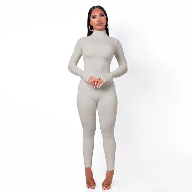Hugcitar Long Sleeve Solid Turtleneck Skinny Bodycon Jumpsuit Autumn Winter Women Fashion Streetwear Casual Romper