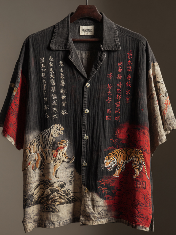 Japanese Style Tiger And Calligraphy Retro Patchwork Washed Short Sleeve Shirt elevenforest