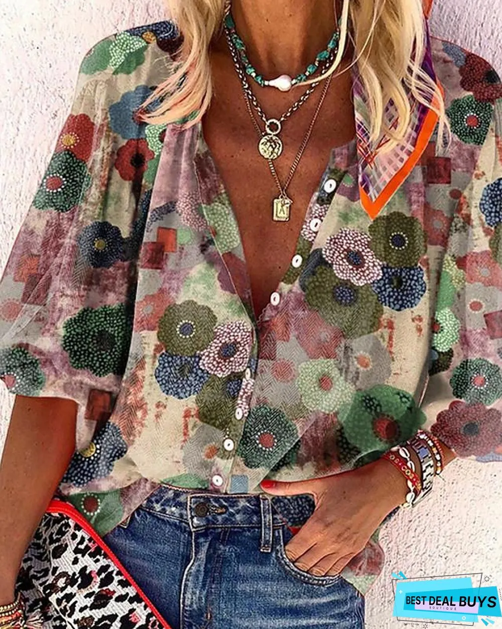 Women's Blouse Shirt Floral Flower Long Sleeve V Neck Tops Loose Basic Top Blue Red