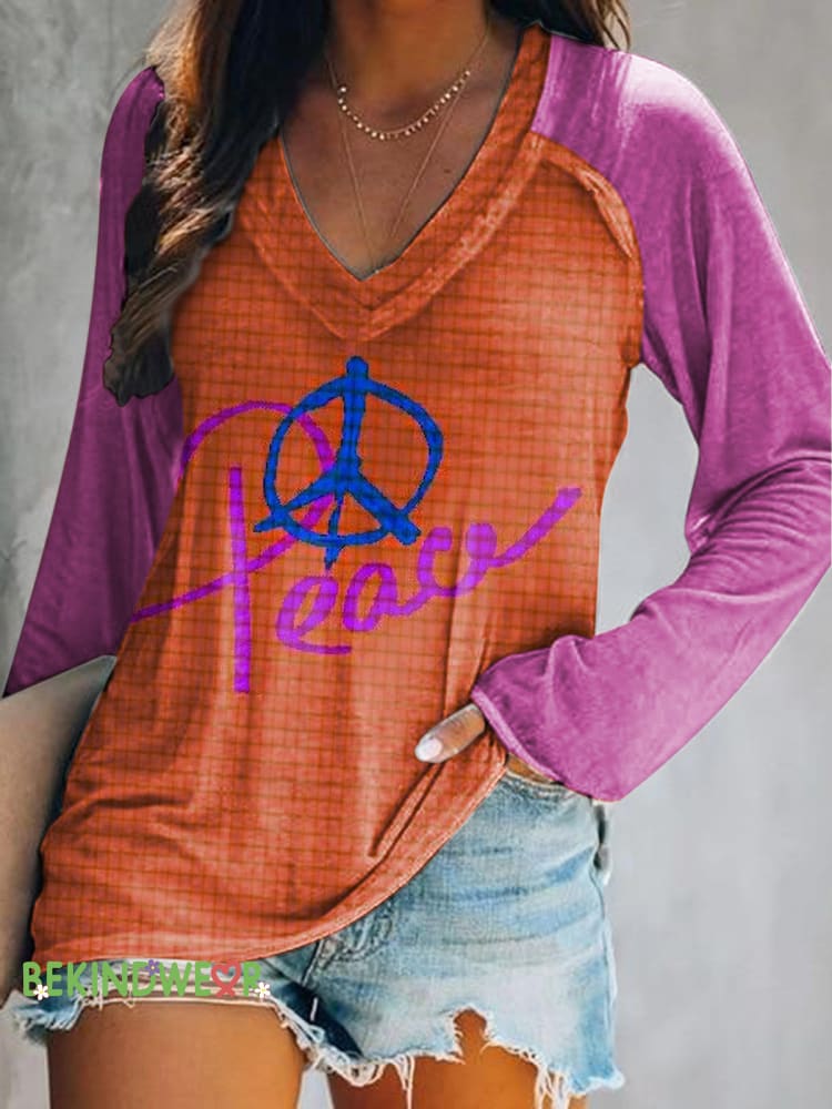 Peace Clash Printed Casual V-Neck Long Sleeve Top Multicolor / S