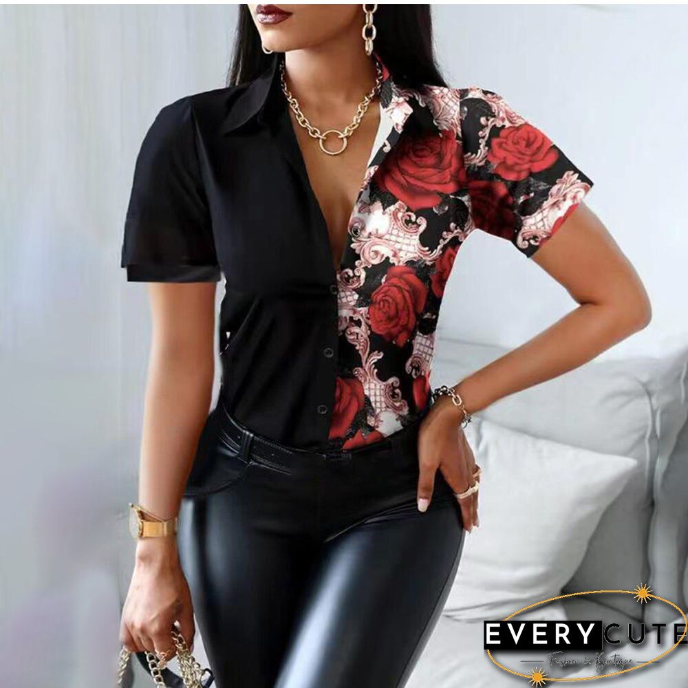 Summer Women Black Floral Print Top Shirt Fashion Casual Short Sleeve Turn-down Collar Tops Shirts New Elegant Slim Button Shirt