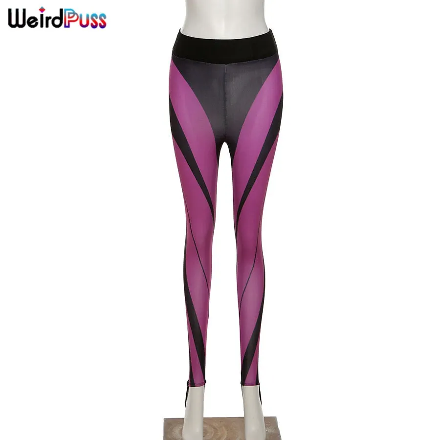 Weird Puss Patchwork Mesh Pants Women Sexy 2021 Summer Striped Irregular Skinny Stretchy Body-Shaping Fitness Leggings Trousers