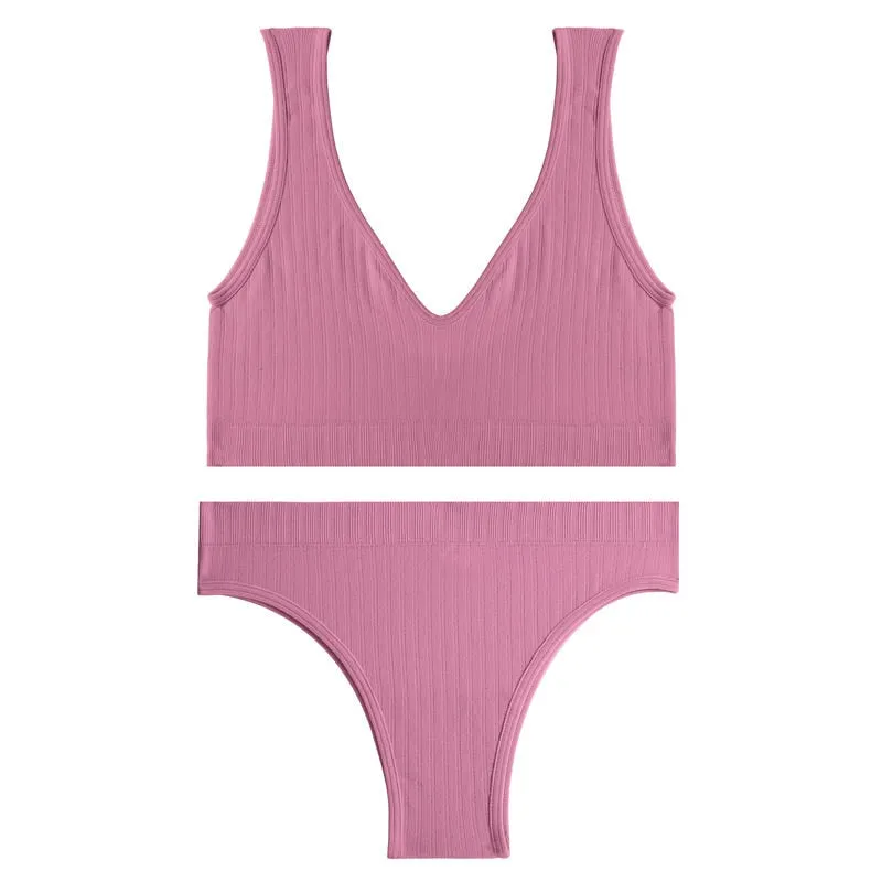 FINETOO Women Seamless Bra Set Deep V Tops Low-Rise Brazilian Panties Ladies Backless Top Soft Underwear Suit Female Lingerie