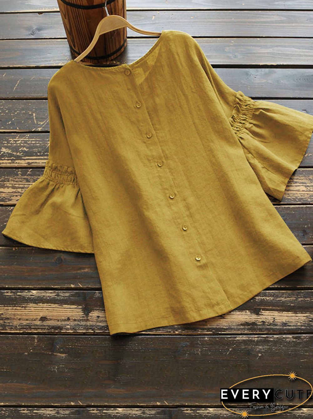 Vintage Frill Short Sleeve Solid Color Blouse